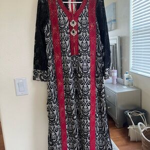 Black and White Patterned Women's Long Dress with Red Trim